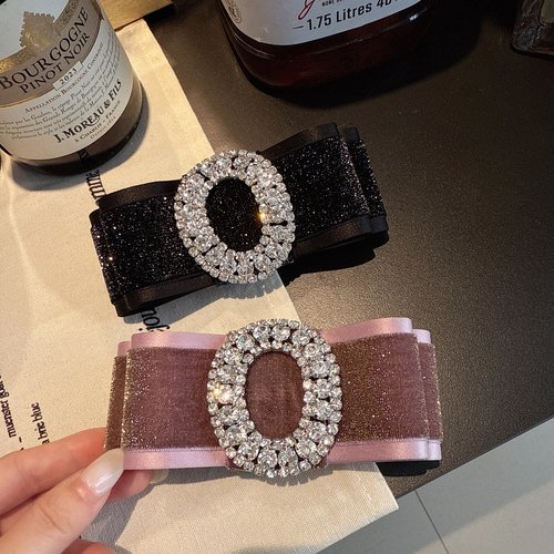 韩国发饰椭圆水钻丝绒蝴蝶结顶夹