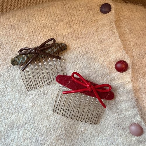 圣诞红格蝴蝶结碎发整理倒插梳