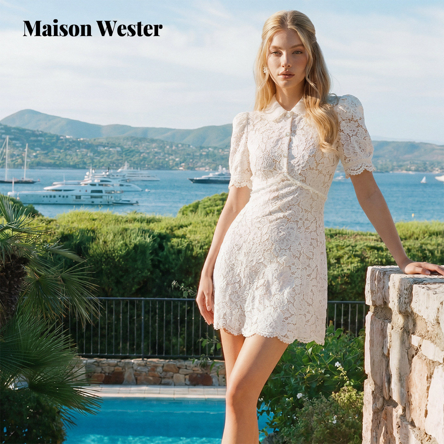 Maison Wester2026早秋新品奶白色娃娃领蕾丝泡泡袖收腰连衣裙