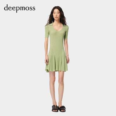 【deepmoss】2024春夏新款女装时尚休闲水泽闪葱翻领收腰连衣裙