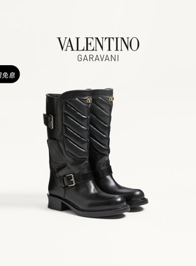 [礼物]华伦天奴VALENTINO女士RAYONS牛皮革和羊皮革人字纹机车靴
