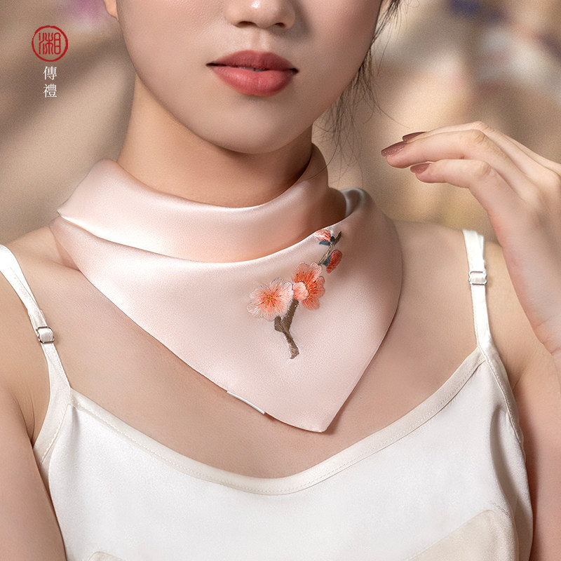 湘传礼湘绣手工真丝桑蚕丝小围脖方巾女手工刺绣丝巾送礼伴手礼