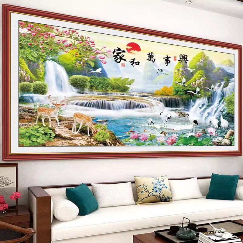 热销山水画墙贴流水生财风景画客厅装饰墙壁画电视背景墙自粘墙纸