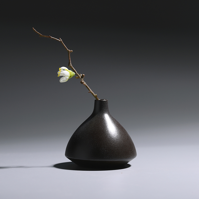 热销黑色磨砂陶瓷花瓶景德镇复古风三件套花插茶道家居花器软装饰