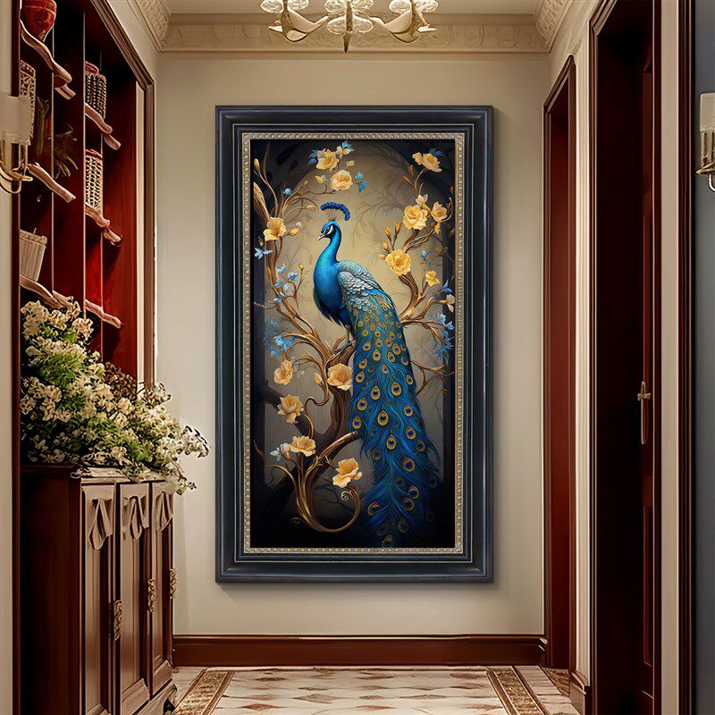 热销富贵孔雀玄关美式装饰画过道走廊挂画客厅法式复古欧式肌理油