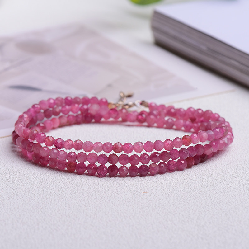 红碧玺手链天然矿物包体水晶钻石切面多圈女款全新时尚饰品三圈