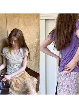 siii 弹力修身显瘦v领短袖夏百搭涤麻混纺夹花纱紫色彩色针织上衣