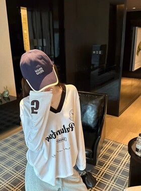 siii 天丝印花撞色V领长袖T恤女春季休闲百搭设计感宽松显瘦上衣