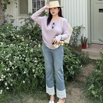 特大码蕾丝拼接直筒牛仔裤女夏季薄款弹力浅蓝色阔腿裤胖mm九分裤