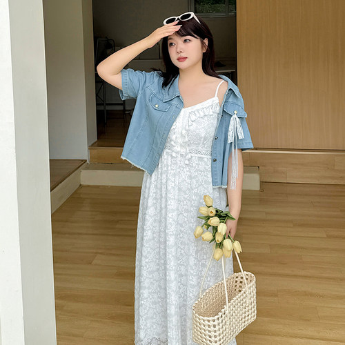 2025年夏季新款牛仔外套+吊带裙连衣裙两件套女约会裙大码套装裙