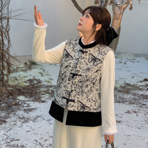 马甲女新款2023秋冬款大码中式国风水墨印花夹棉马夹打底衫两件套