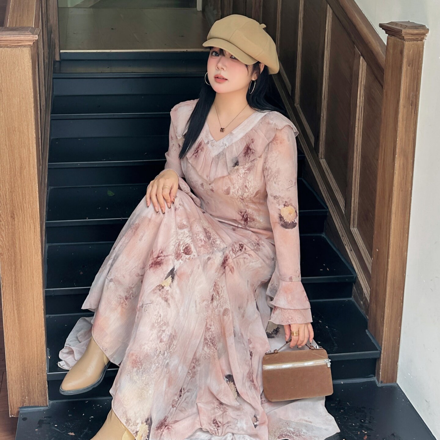 大码女装复古油画风碎花连衣裙图片