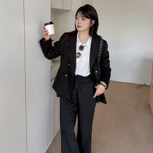 大码女装黑色西装+喇叭裤两件套女胖mm考公面试正装秋季职业套装