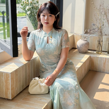 大码女装收腰鱼尾裙优雅雪纺连衣裙2026夏季新中式国风改良旗袍裙