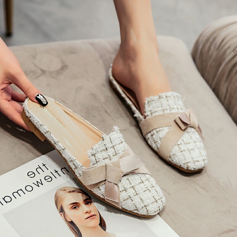 夏天外穿小香风包头半拖鞋女平底懒人穆勒鞋蝴蝶结大码女鞋41一43