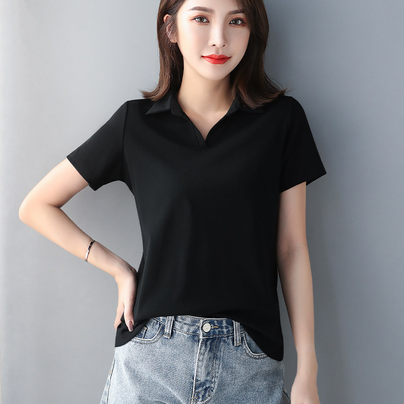 블랙 스레드 코튼 폴로 셔츠 반팔 RT 셔츠 여성 여름 새 흰색 옷깃 느슨한 슬리밍 바닥 셔츠 탑