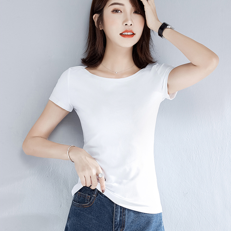 白色纯棉修身一字领短袖T恤女夏