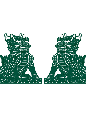 麒麟图腾玻璃贴纸静电窗花神兽商场店铺墨绿色橱窗门中式擦水贴
