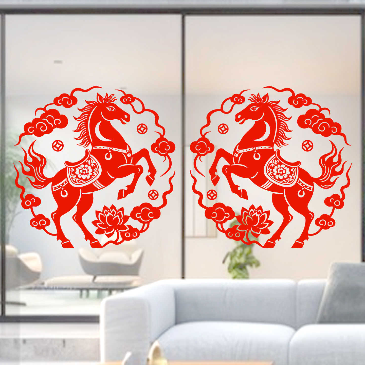 马年玻璃贴纸生肖马窗花马到成功静电贴窗贴年画2026新年春节水贴