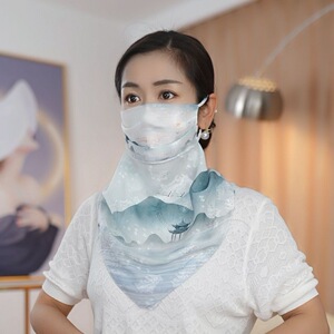 夏季防晒挂耳面纱女士护颈防紫外线面罩围脖薄款透气全脸遮脸丝巾