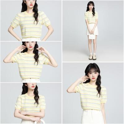 黄色条纹正肩短袖T恤女2026夏新款撞色宽松针织圆领T恤短款上衣