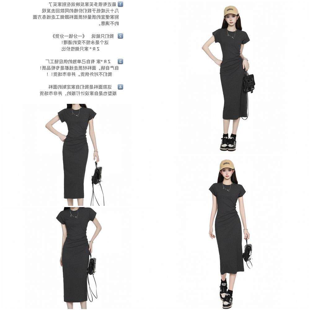 灰色荷叶袖包臀连衣裙女2026夏季小个子辣妹纯欲风设计感收腰长裙