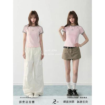 ARCG 粉色条纹蝴蝶结正肩短袖t恤女夏季2026短款辣妹修身插肩上衣