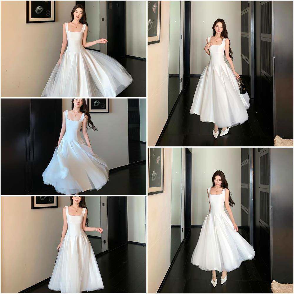 但你butyou 白色吊带洋装女网纱蓬蓬裙高级感生日订婚礼服长裙