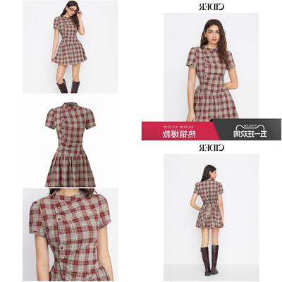 CER美式格纹翻领泡泡袖系带迷你洋装114992258