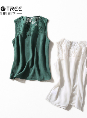 Y 美国原 雪纺拼接圆领无袖蕾丝背心大码打底衫女148-C2-3