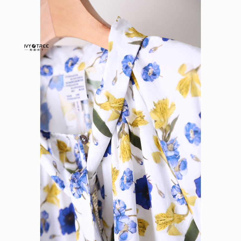 丹麦原！温柔女人味~印花飘带长袖复古全棉衬衫高支棉上衣女秋A8