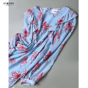 比利时原！清减空灵！圆领荷叶边九分灯笼袖章鱼印花真丝连衣裙C7