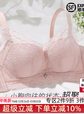 伊丝艾拉小胸聚拢文胸春夏新品蕾丝内衣女无钢圈中厚杯上托防下垂