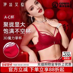 伊丝艾拉红色内衣女套装结婚新娘性感小胸聚拢本命年蕾丝文胸内裤