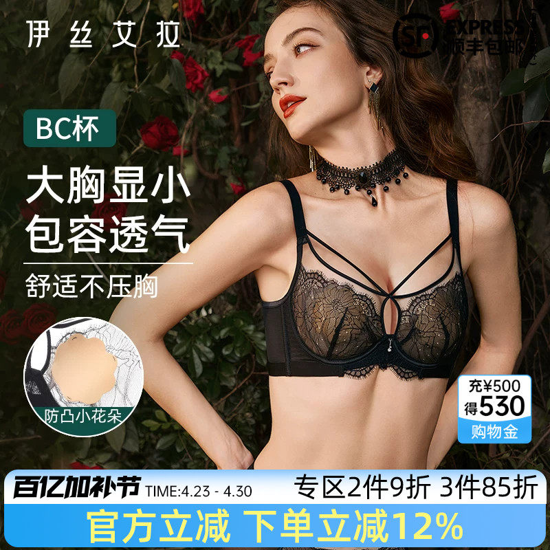 伊丝艾拉内衣女夏季薄款黑色蕾丝文胸大胸显小胸透气性感大码胸罩