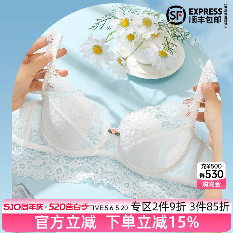伊丝艾拉大胸显小文胸 超薄蕾丝内衣女薄款有钢圈防露点胸罩bra