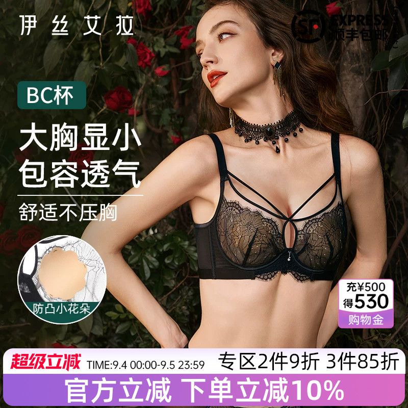 伊丝艾拉内衣女夏季薄款黑色蕾丝文胸大胸显小胸透气性感大码胸罩