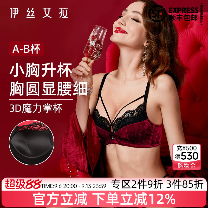 伊丝艾拉小胸聚拢内衣女性感胸罩蕾丝拼接丝绒舒适无钢圈文胸套装