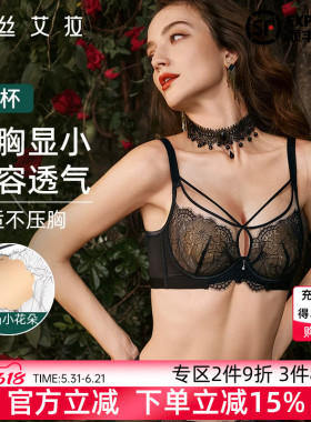 伊丝艾拉内衣女夏季薄款黑色蕾丝文胸大胸显小胸透气性感大码胸罩