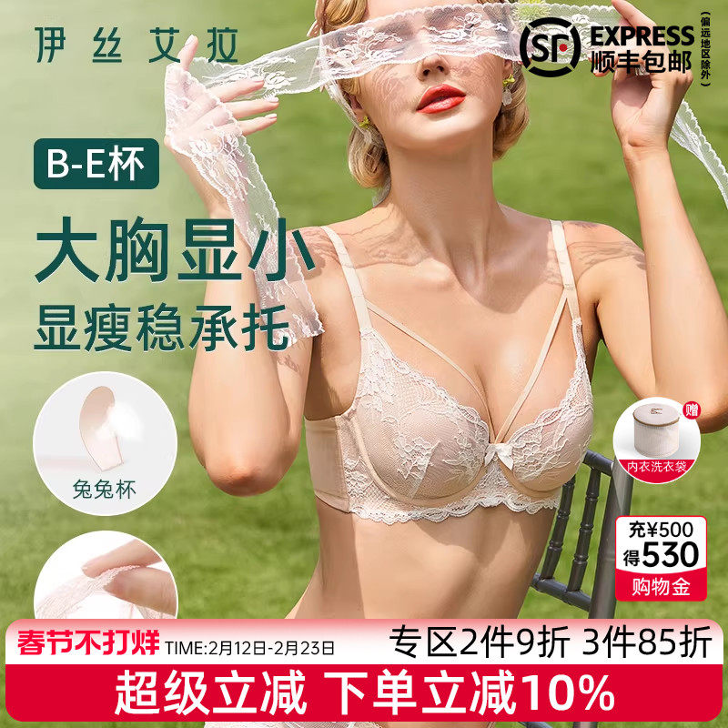 伊丝艾拉大胸显小内衣女夏薄款收副乳聚拢防下垂透气蕾丝性感文胸