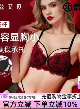 伊丝艾拉红色蕾丝文胸套装性感大胸显小胸防下垂收副乳聚拢内衣女