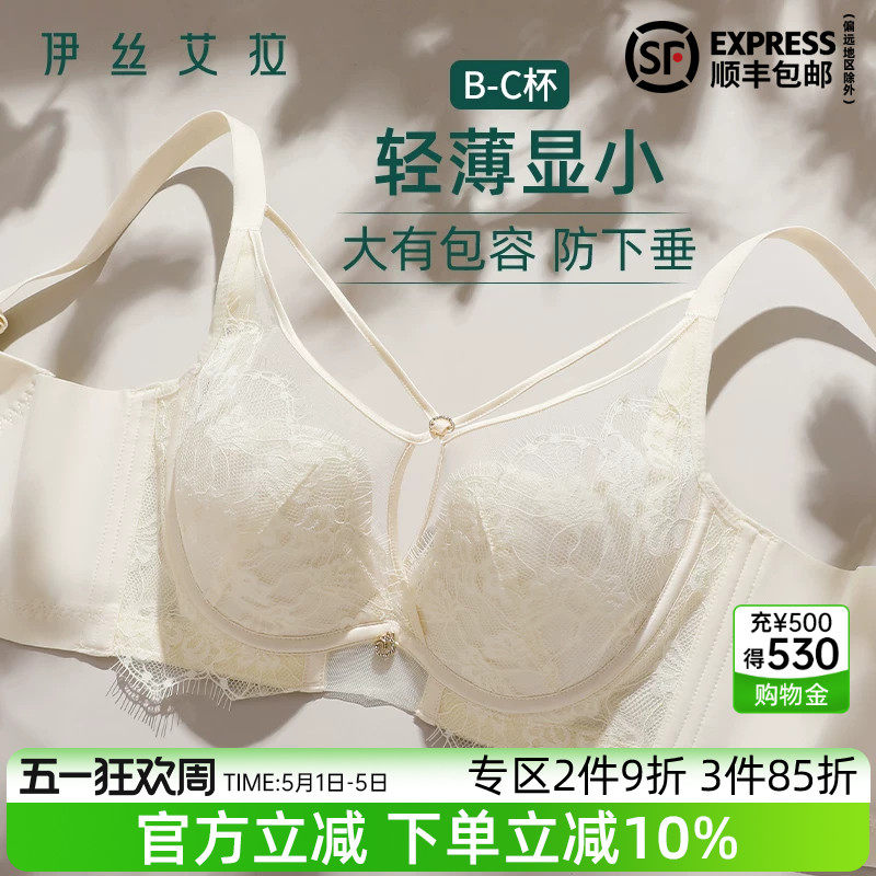 伊丝艾拉全罩杯内衣女大胸显小夏季薄款睫毛蕾丝收副乳防下垂文胸