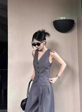 时尚御姐范西装马甲套装2025夏两件套灰色无袖背心上衣垂感阔腿裤