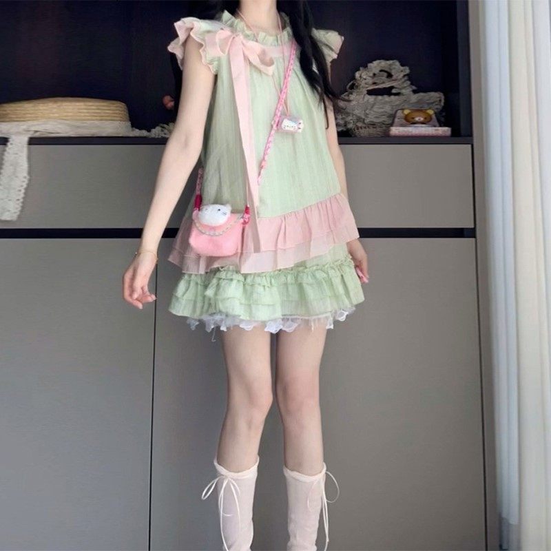 小飞袖蝴蝶结衬衫连衣裙子女夏季2025新款小个子甜美蛋糕短裙套装,个性定制/设计服务/DIY,工作服定制,淘宝优惠券,粉丝福利购,淘宝优惠卷