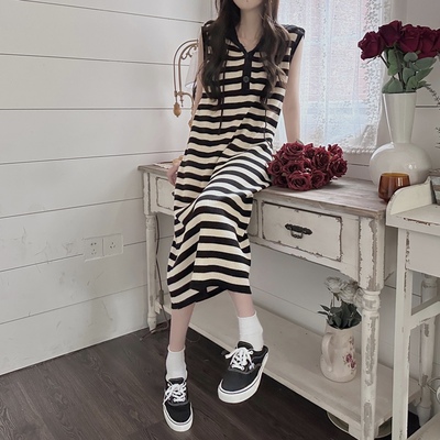 条纹连帽针织背心连衣裙女装夏季2025新款中长款网红显瘦外穿裙子