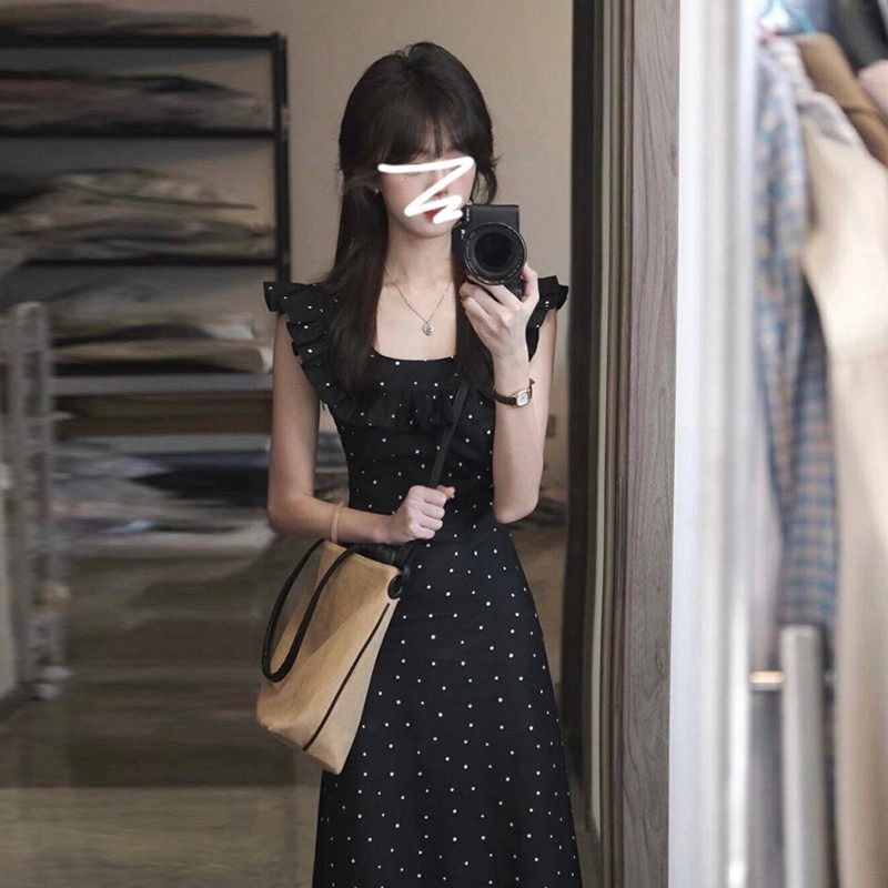 法式黑色飞飞袖波点连衣裙女2024新款夏季甜辣气质修身显瘦长裙子,个性定制/设计服务/DIY,工作服定制,淘宝优惠券,粉丝福利购,淘宝优惠卷