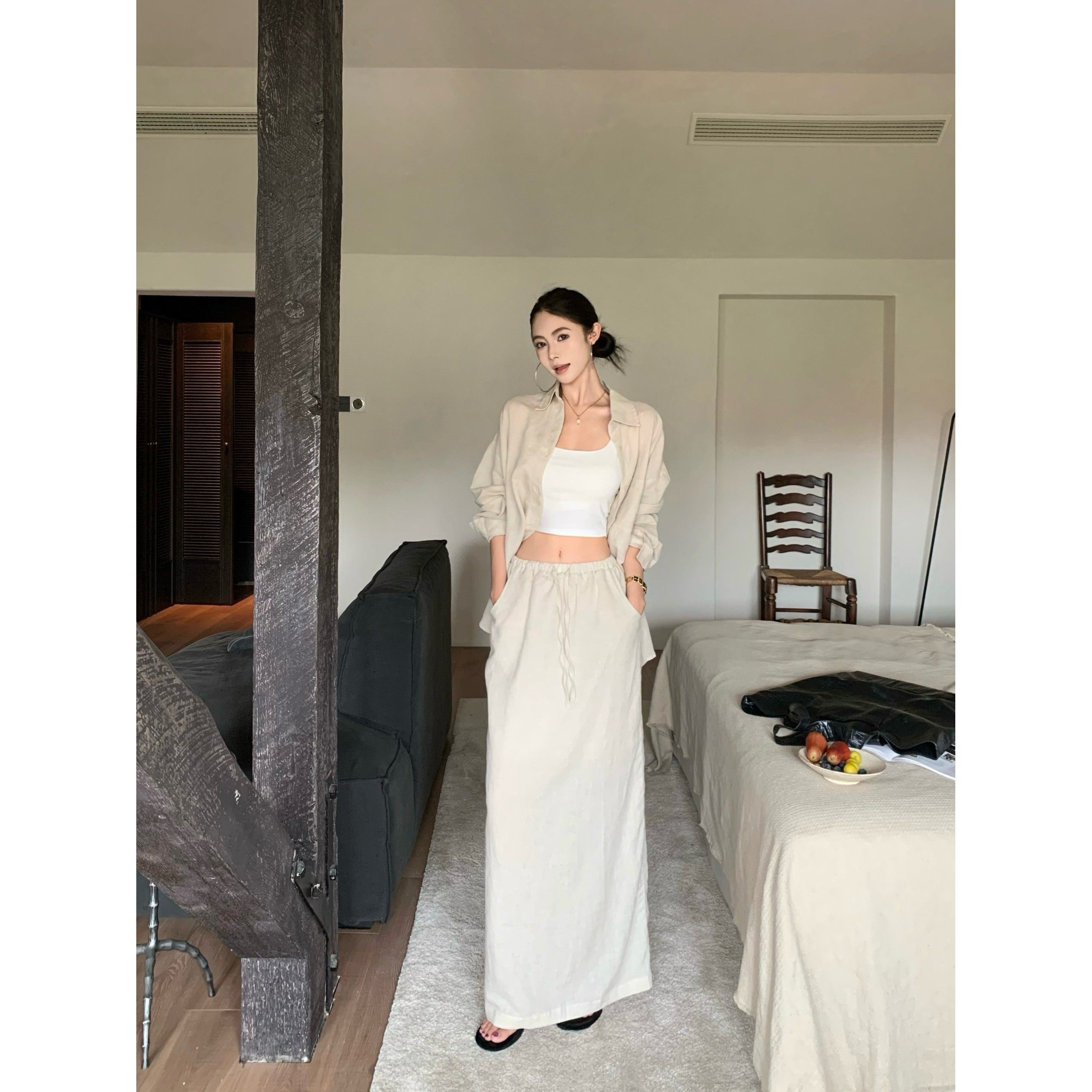 慵懒风白色套装polo领衬衫长袖开衫女装夏季高腰直筒半身裙两件套,女装/女士精品,时尚套装,淘宝优惠券,粉丝福利购,淘宝优惠卷