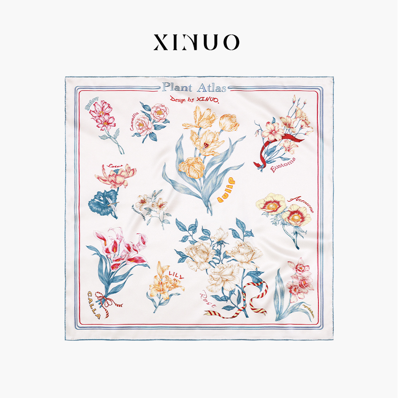 XINUO 植物图鉴 桑蚕丝丝巾系脖高级感中方巾 法式防晒丝巾送礼物