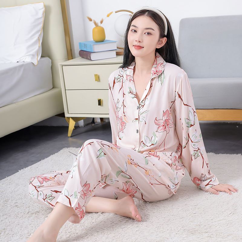 棉绸睡衣女士开衫妈妈薄款家居服