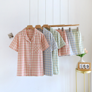 套装 短裤 日系格子翻领可外穿甜美家居服 水洗纯棉女士睡衣短袖 夏季